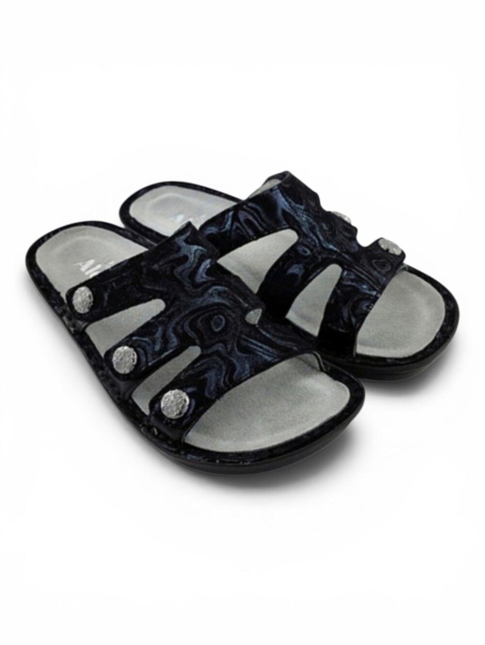 Alegria Venice Slickery Black Blue Leather 3 Strap Slide Sandal 35